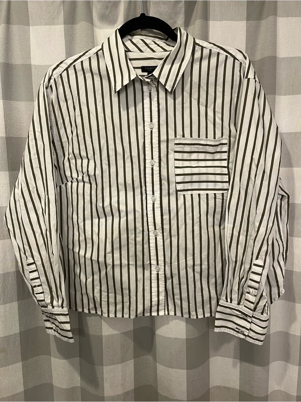 Talbots White Button-Down Shirt with Black Vertical Stripes